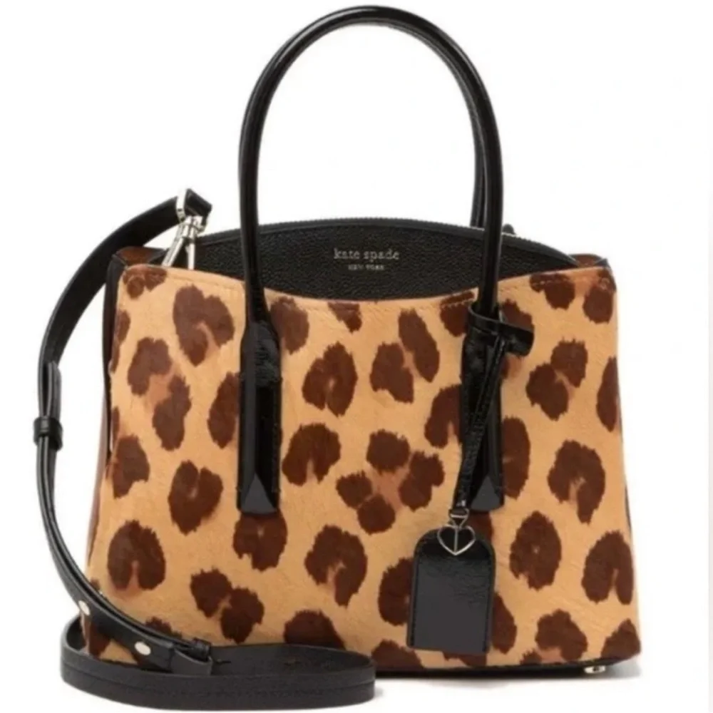 Kate Spade Margaux Medium Caviar Leather Leopard Calf Hair Crossbody Satchel Bag